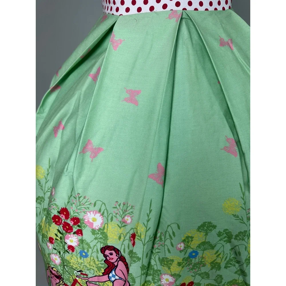 Retro 1950s Style Polka Dot Bicycle Print Swing Dress Green Red Small‎